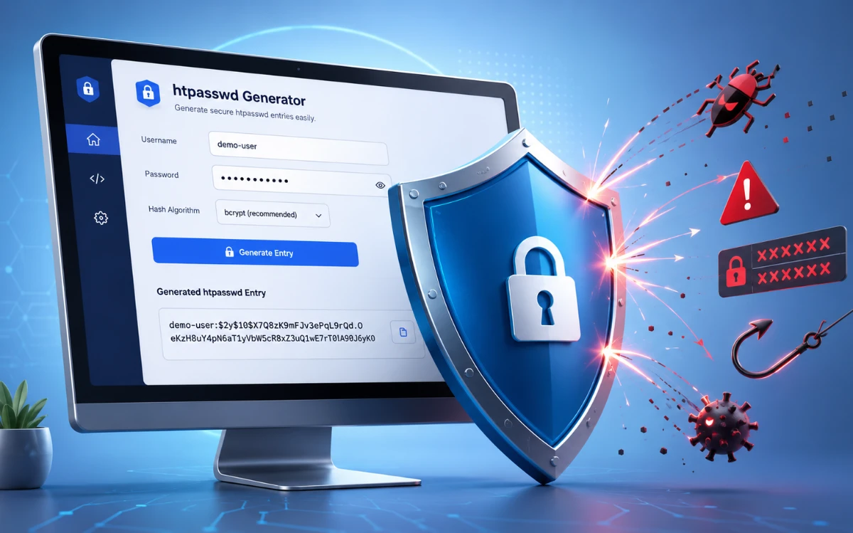 Illustration: htpasswd-Generator am Monitor, ein blaues Schutzschild wehrt Angriffe und Schadsoftware ab